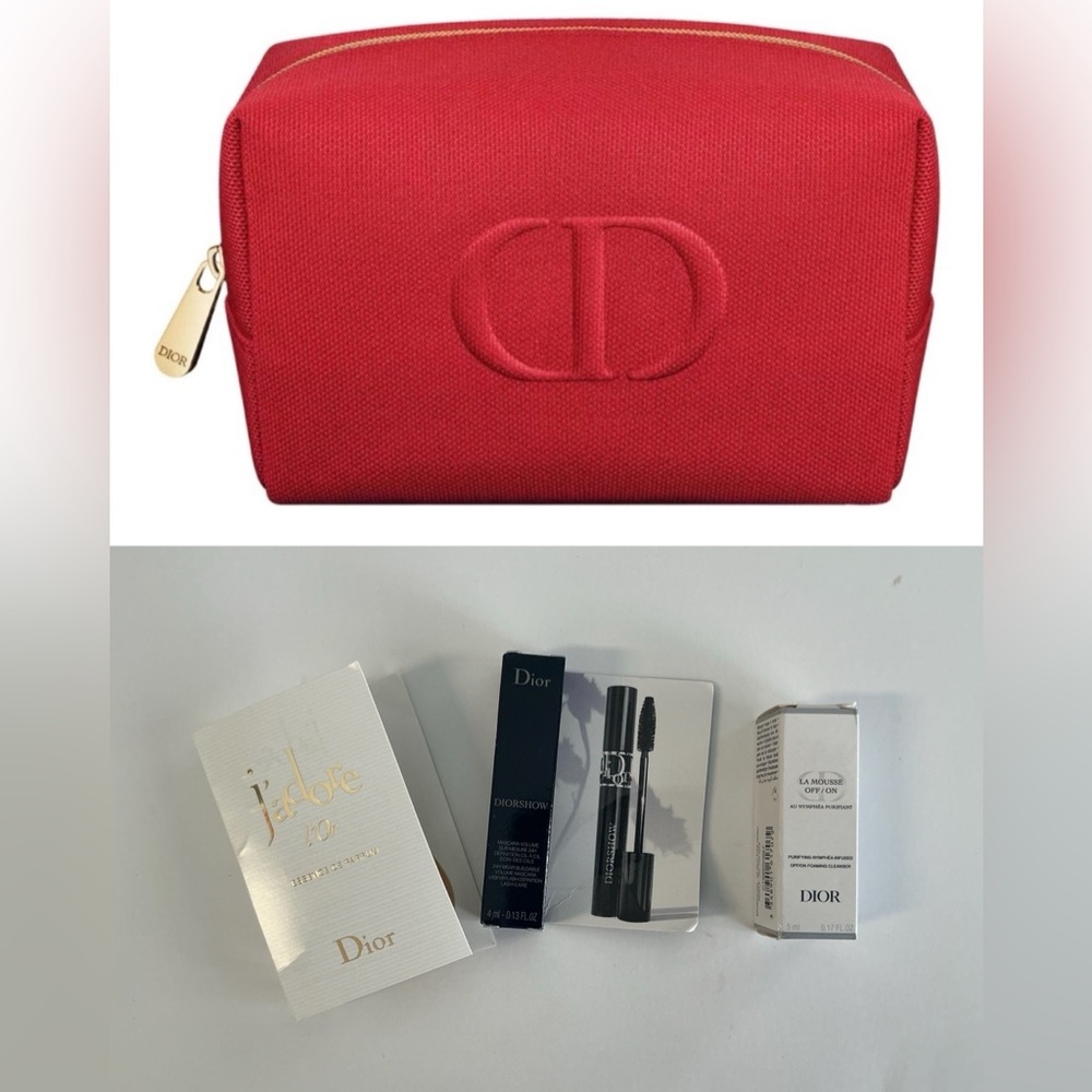 NEW Dior Red Embossed Logo Beauty Pouch Makeup Bag with travel mascara/Perfume